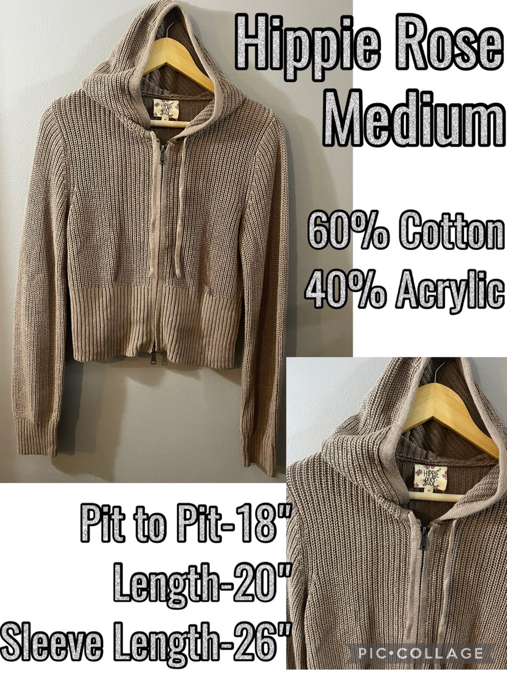 Hippie Rose Taupe Zip-Up Hooded Knit Sweater